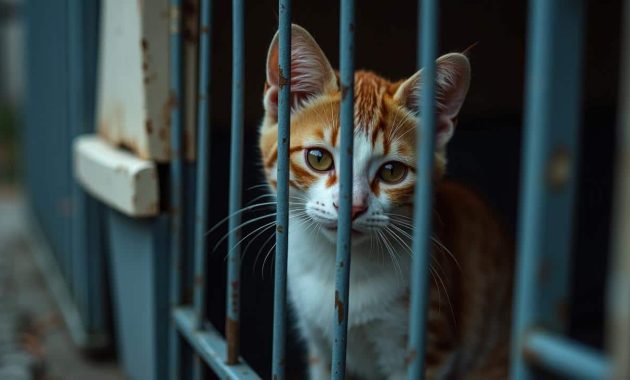 A cat abandoned in a carrier outside a shelter presses its face against the bars all night waiting and the morning scene is heartbreaking