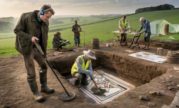 Alerted by metal detectorists, archaeologists uncover a lavish Roman villa, a first for this part of England